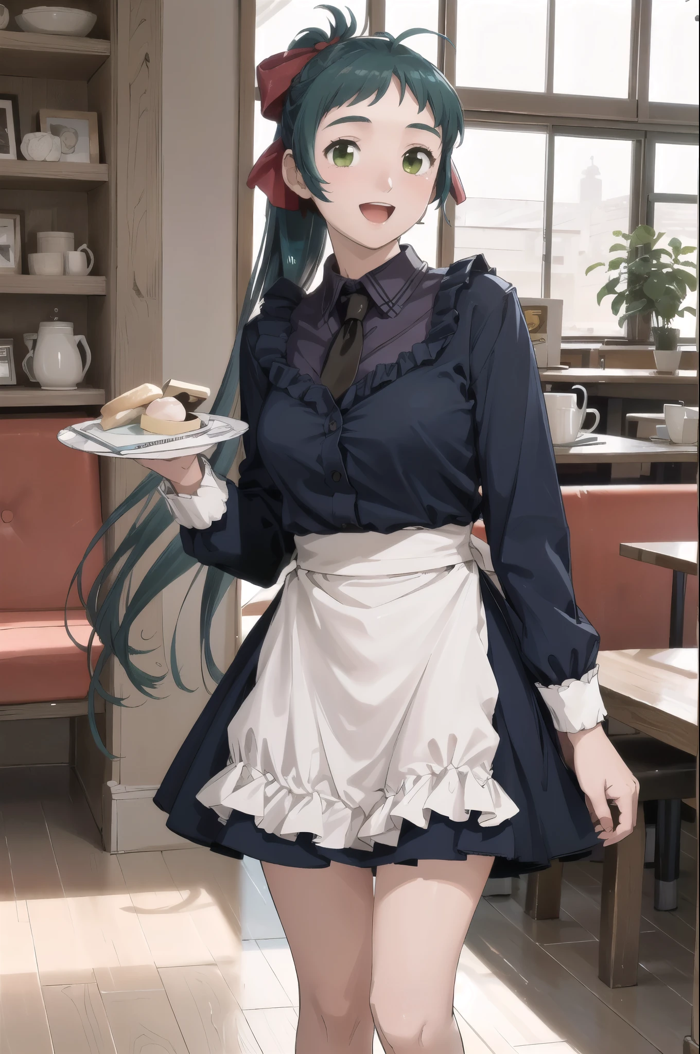 (masterpiece), (Highest quality), (Super detailed), Realistic, (Best illustrations), (Very delicate and beautiful), One girl, Iraq, Collared shirt, Black tie, Blue Skirt, Frilled Skirt,  Kappo, apron, chest, Hair Ribbon, ponytail, Very long hair, (Antenna Hair), indoor, Long sleeve,ruffle cuffs, Holding Tray, dish, ice cream, View your viewers, :d, The legs are off the frame, Cafe, Green Eyes, Are standing,