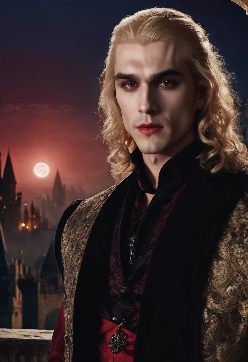 masterpiece, highest quality, (solo focus), (perfect face:1.1), (high detail:1.1), (hyper detailed eyes), dramatic, 1guy, (Pale skin), long blonde hair, (gold irises), individual focus, Vampire, long hair, moon, night, Red lace sleeveless dress, pouty lips, castle, detailed background, realistic photo, cinematic lighting, red roses, fashion lace dress on male vampire,  full-body view 