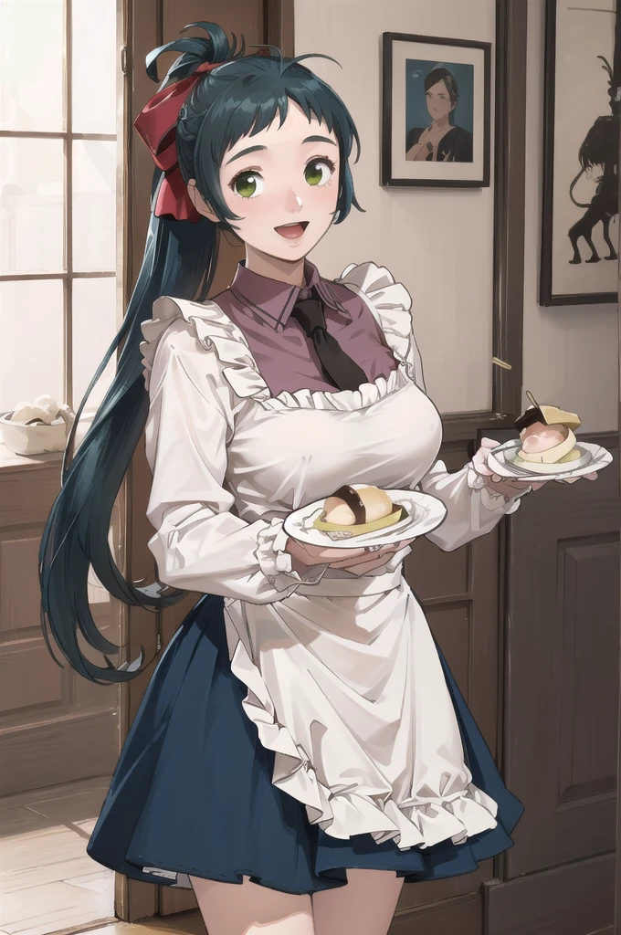 (masterpiece), (Highest quality), (Super detailed), Realistic, (Best illustrations), (Very delicate and beautiful), One girl, Iraq, Collared shirt, Black tie, Blue Skirt, Frilled Skirt, Kappo, apron, chest, Hair Ribbon, ponytail, Very long hair, (Antenna Hair), indoor, Long sleeve,ruffle cuffs, Holding Tray, dish, ice cream, View your viewers, :d, The legs are off the frame, Cafe, Green Eyes, Are standing,