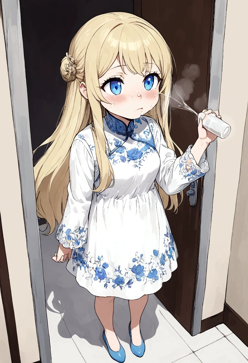 Anime. Baby. Princess. Blonde. Long hair. Blue eyes. Beautiful eyes. Light dress. Shoes. Cold. Runny nose. Snot. Nasal mucus. Sneeze. Sneezing. Sneezes. Snot flows from the nose. Wants to chug. I have to sneeze. Very strong desperate desire to sneeze. She sneezed. She sneezed. She sneezes while standing. Fantasy city. Lock. Corridor . At the entrance to the toilet. Full height. Standing. Full body.