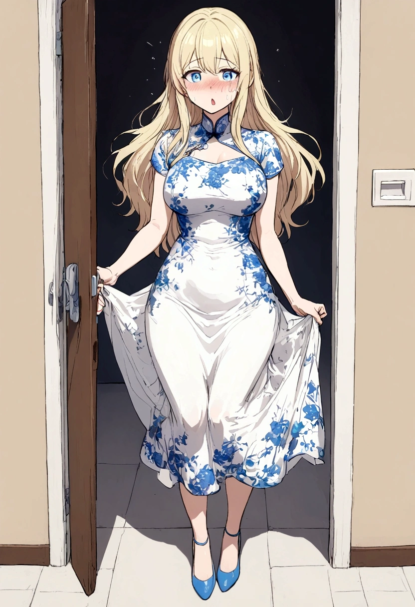 Anime. Baby. Princess. Blonde. Long hair. Blue eyes. Beautiful eyes. Light dress. Shoes. Cold. Runny nose. Snot. Nasal mucus. Sneeze. Sneezing. Sneezes. Snot flows from the nose. Wants to chug. I have to sneeze. Very strong desperate desire to sneeze. She sneezed. She sneezed. She sneezes while standing. Fantasy city. Lock. Corridor . At the entrance to the toilet. Full height. Standing. Full body.