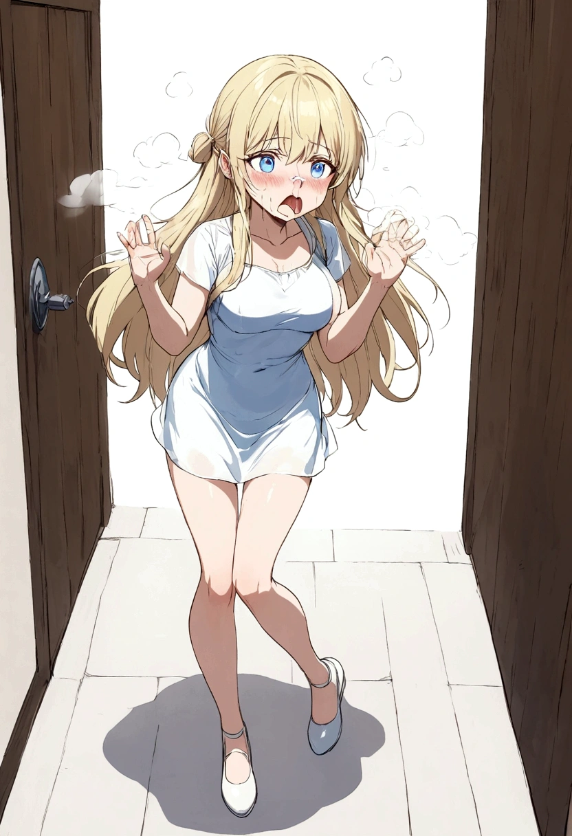 Anime. . Princess. Blonde. Long hair. Blue eyes. Beautiful eyes. Light dress. Shoes. Cold. Runny nose. Snot. Nasal mucus. Sneeze. Sneezing. Sneezes. Snot flows from the nose. Wants to chug. I have to sneeze. Very strong desperate desire to sneeze. She sneezed. She sneezed. She sneezes while standing. Fantasy city. Lock. Corridor . At the entrance to the toilet. Full height. Standing. Full body.