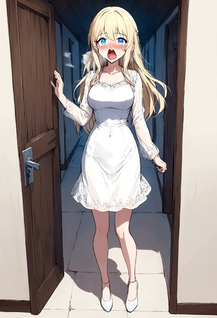 Anime. . Princess. Blonde. Long hair. Blue eyes. Beautiful eyes. Light dress. Shoes. Urinary incontinence. Pee. Wants to pee. I need to pee. A very strong, desperate urge to pee. presses his hand tightly to his crotch. I peed. Pees while standing. Pissing to himself. Pissing in panties. I peed myself. Urine runs down my thighs. There is a wet spot on the crotch of the dress. The girl can't stand straight. Fantasy city. Lock. Corridor . At the entrance to the toilet. Full height. Standing. Full body.