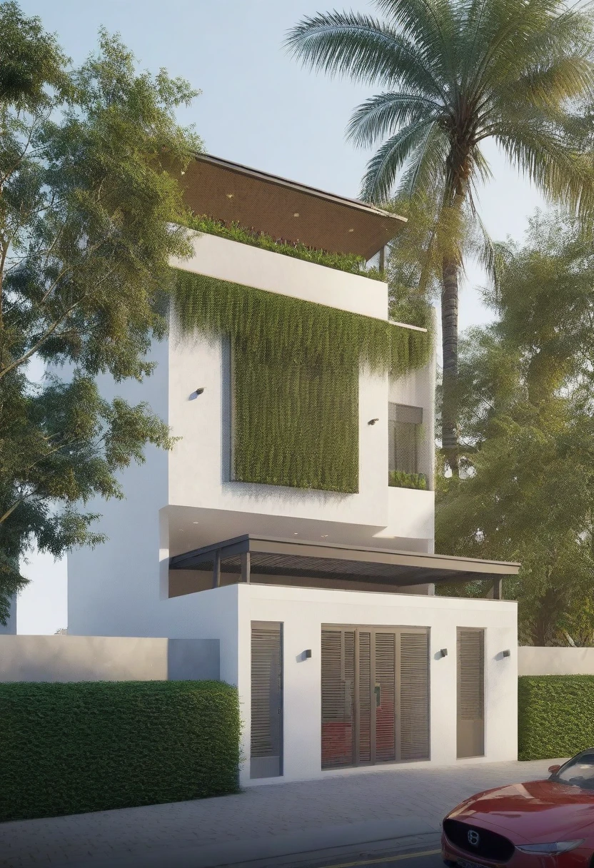 a detailed, one-story colonial-style beach house with a ceramic tile roof, a bucolic atmosphere, a balcony, a grill, an ultra-realistic photorealistic garden, hyperdetailed, high quality, 8k