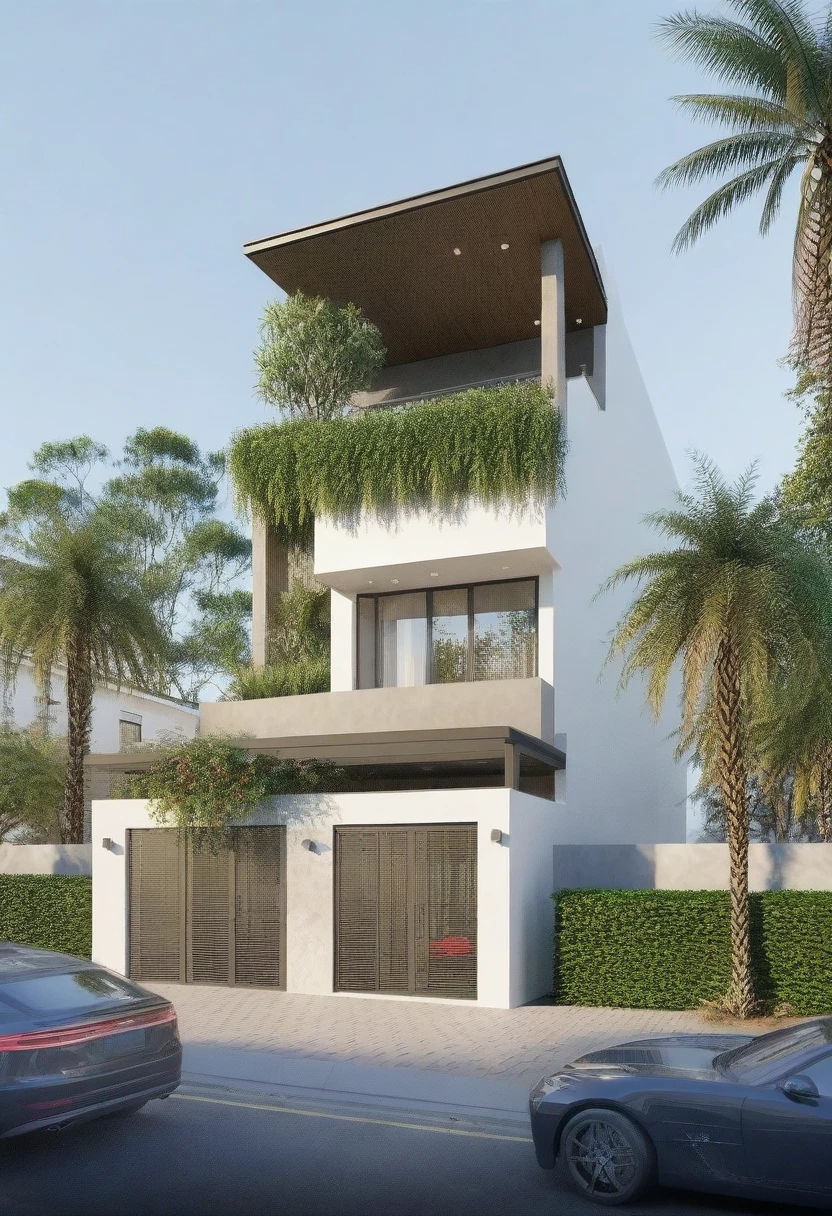 a detailed, one-story colonial-style beach house with a ceramic tile roof, a bucolic atmosphere, a balcony, a grill, an ultra-realistic photorealistic garden, hyperdetailed, high quality, 8k