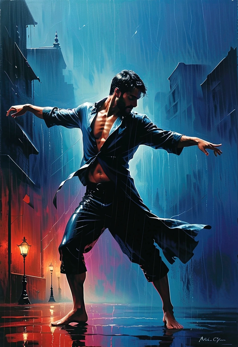 Soul Dancer Mark,(((Heavy Rain 1.37))),A homeless man dancing alone in the rain,soul,Barefoot,Loose and worn clothes,Professional ballet movements,Fingertips 1 butterfly,Very contagious,Splash,Light and Shadow,Minimalism,artistic conception,Clean background