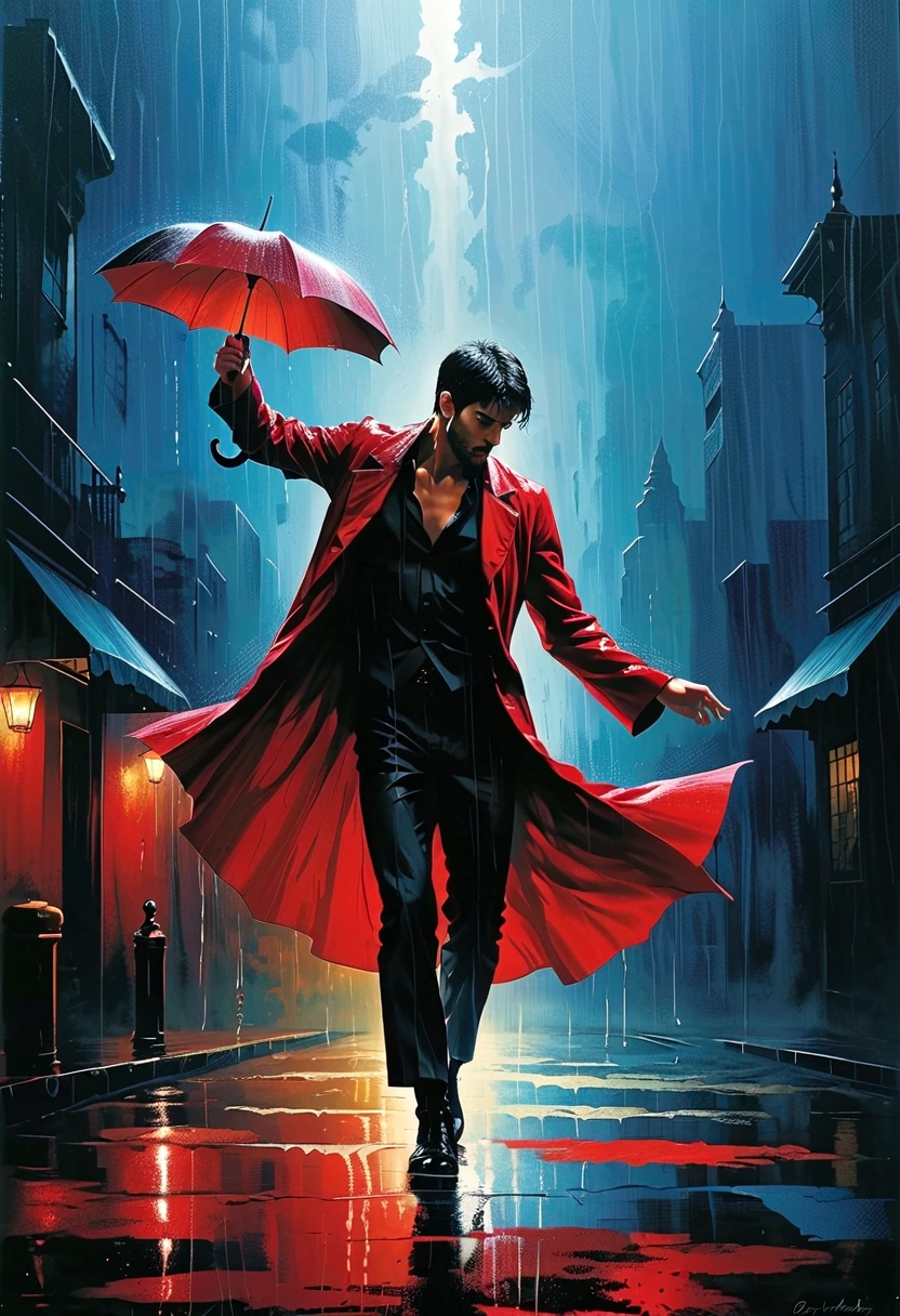 Soul Dancer Mark,(((Heavy Rain 1.37))),A homeless man dancing alone in the rain,soul,Barefoot,Loose and worn clothes,Professional ballet movements,Fingertips 1 butterfly,Very contagious,Splash,Light and Shadow,Minimalism,artistic conception,Clean background