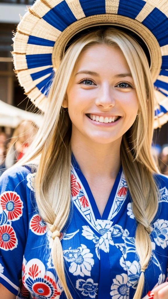 Emily, with her long, blonde hair styled in a casual, tousled look, holding a traditional Japanese fan and smiling brightly. Her clear blue eyes and warm, friendly smile reflect her excitement and enjoyment. She is wearing a beautifully patterned yukata suitable for the summer festival.