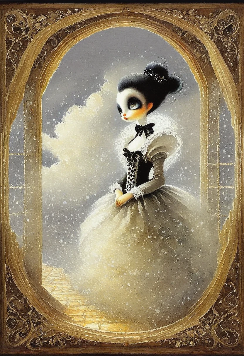 Rococo surrealism glamour, cute cozy surreal, flower mural background centered highly tiny detailed gothic doll with extremely long neck looking at me wearing grey dotted socks, going to sleep, sketch by Craola, Tim Burton , big detailed glowing eyes, highly detailed skin fantasy highly stylized, by [Anton Semenov | Carl Rungius | Ivan Rabuzin | Ed Emshwiller] cinematic, 32k, cozy bedroom , window, candles sunbeams , shadow play, ultra highly detailed, dynamic intricated pose, luminous unusual delicate fog, highly detailed, intricated, intricated pose, oil painting, thick strokes, masterpiece, high quality, centered, perfect composition