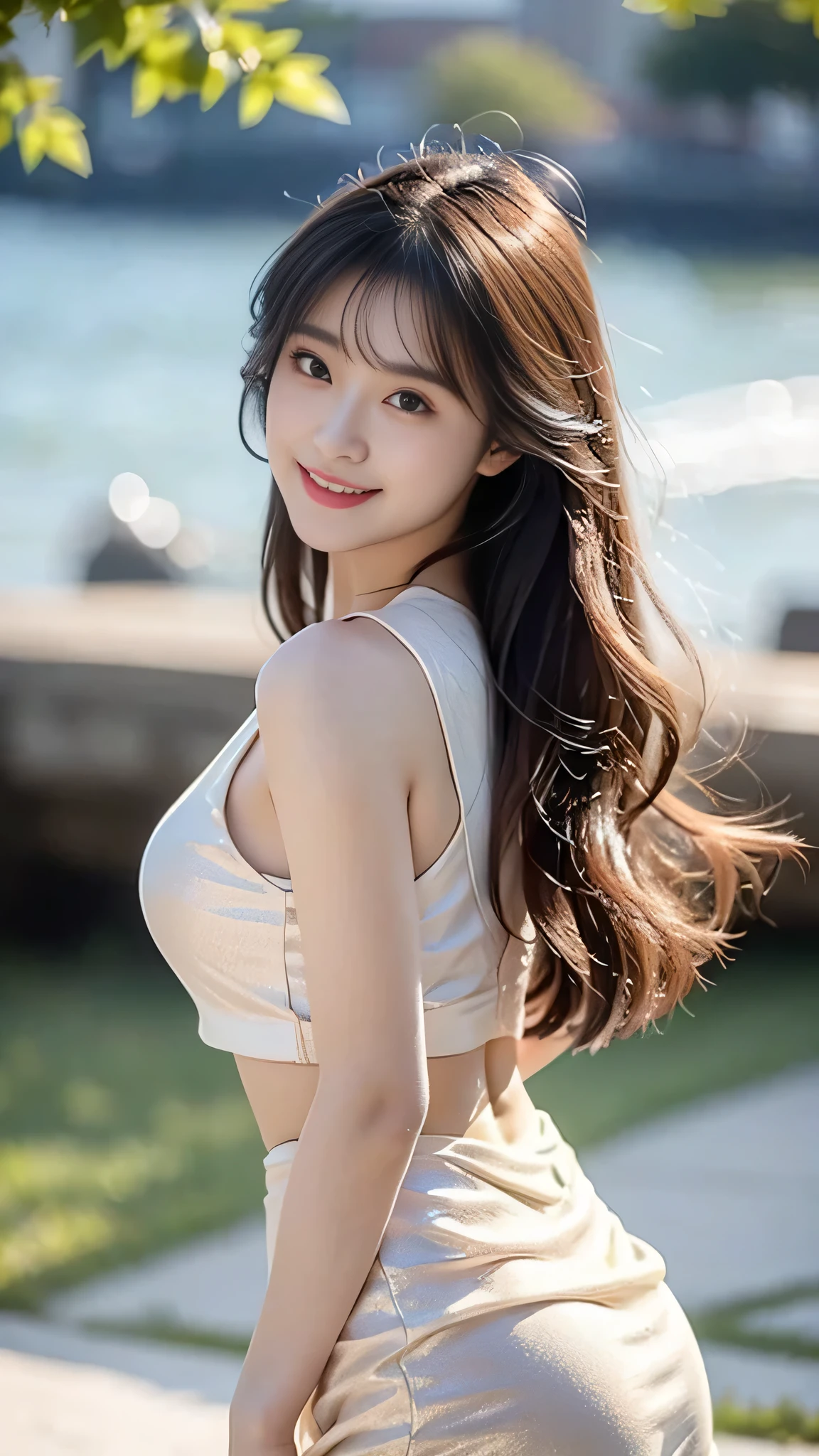 by the sea,There is a beauty that catches the eye。She has a slim figure,Wear a short skirt,Crop topping,Dance,It looks more elegant。In terms of appearance,She has long black and shiny hair,The skin is as fair as jade,The facial features are delicate and picturesque,Especially those big bright eyes,It seems to be able to see through people's hearts。She often has a smile on her lips,Exudes charming confidence and charm,Best quality,Face to face audience,