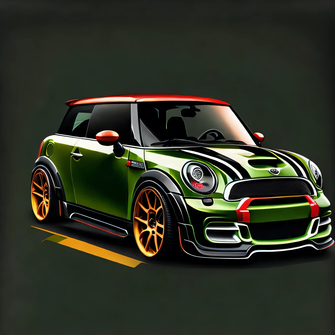 Art for t-shirt graphic design a modern graphic design Mini Cooper S JCW R53 glossy deep bold black and green, Remove background