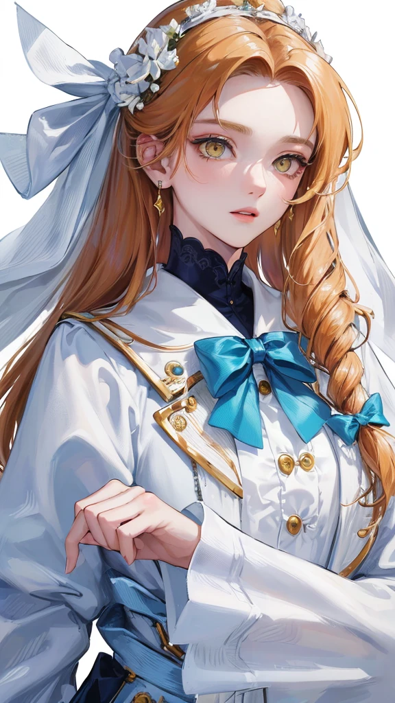 (Top resolution、Distinct_image)top-quality、femele、masterpiece、highly detailed、Semi-realistic、yellow eyes、18year old、young、cool clothing、Exquisite facial features、Facial features、unique hairstyle, variations, potrait, white background, ginger hair , long hairstyles, white elegant dresses,blue bow, wear navy coat