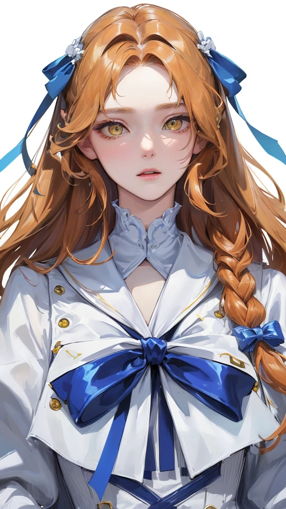 (Top resolution、Distinct_image)top-quality、femele、​masterpiece、highly detailed、Semi-realistic、yellow  eyes、18year old、young、cool clothing、Exquisite facial features、Facial features、unique hairstyle, variations, potrait, white background,   ginger hair , long hairstyles, white elegant dresses,blue bow, wear navy coat