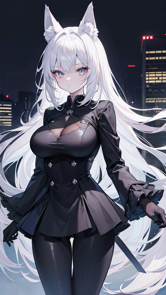 a single wolf girl with a black suit standing in middle of the night with a gun, 1girl, humanoid, anthro girl, furry girl, wolf ears, white hair, black blindfold, night in the city, poker face, no eyes, black suit, voluptuous, beautiful background, 4k, insanely detailed, beautifully lit, masterpiece, best quality, ultra-detailed