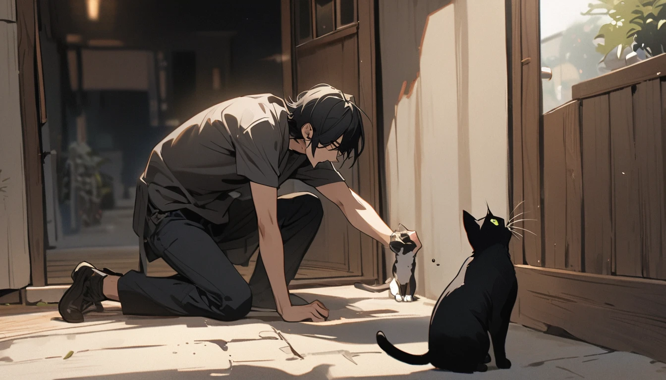 A cool boy, long black hair,handsome, kneeling position, feeding the cat, full body picture, outside, one black cat running around, pircings, just one cat