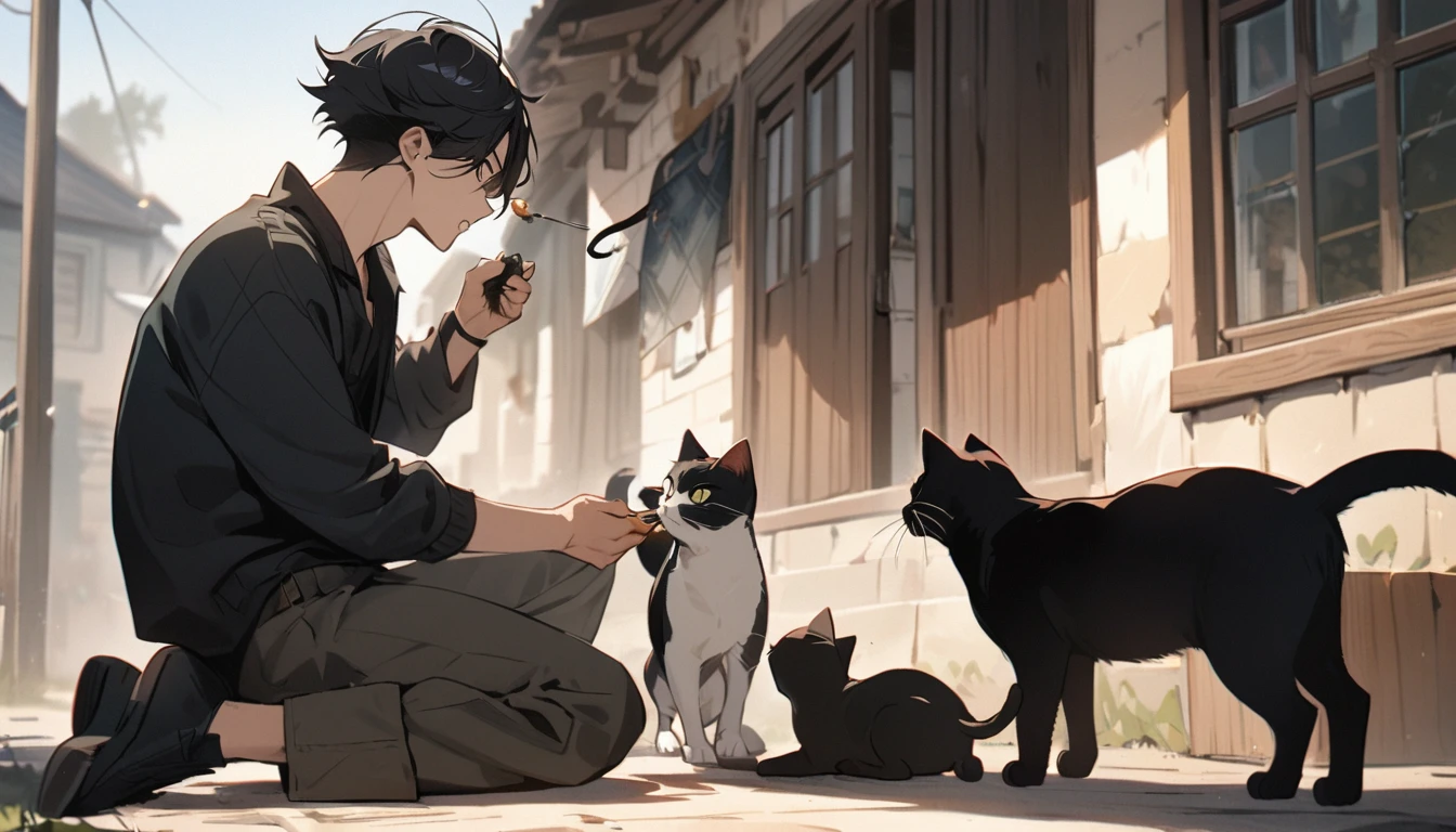 A cool boy, long black hair,handsome, kneeling position, feeding the cat, full body picture, outside, one black cat running around, pircings, just one cat