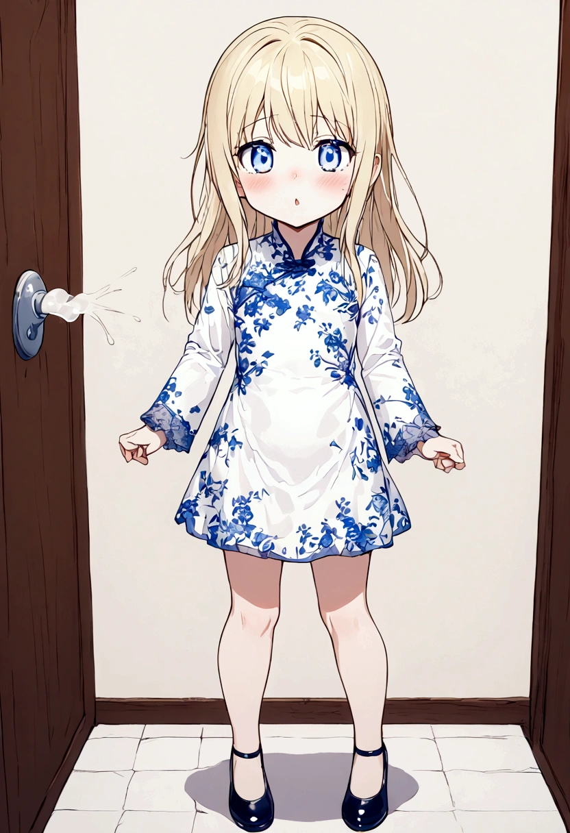 Anime. Baby. Princess. Blonde. Long hair. Blue eyes. Beautiful eyes. Light dress. Shoes. Cold. Runny nose. Snot. Nasal mucus. Sneeze. Sneezing. Sneezes. Snot flows from the nose. Wants to chug. I have to sneeze. Very strong desperate desire to sneeze. She sneezed. She sneezed. She sneezes while standing. Fantasy city. Lock. Corridor . At the entrance to the toilet. Full height. Standing. Full body.