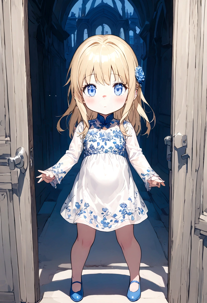 Anime. Baby. Princess. Blonde. Long hair. Blue eyes. Beautiful eyes. Light dress. Shoes. Cold. Runny nose. Snot. Nasal mucus. Sneeze. Sneezing. Sneezes. Snot flows from the nose. Wants to chug. I have to sneeze. Very strong desperate desire to sneeze. She sneezed. She sneezed. She sneezes while standing. Fantasy city. Lock. Corridor . At the entrance to the toilet. Full height. Standing. Full body.