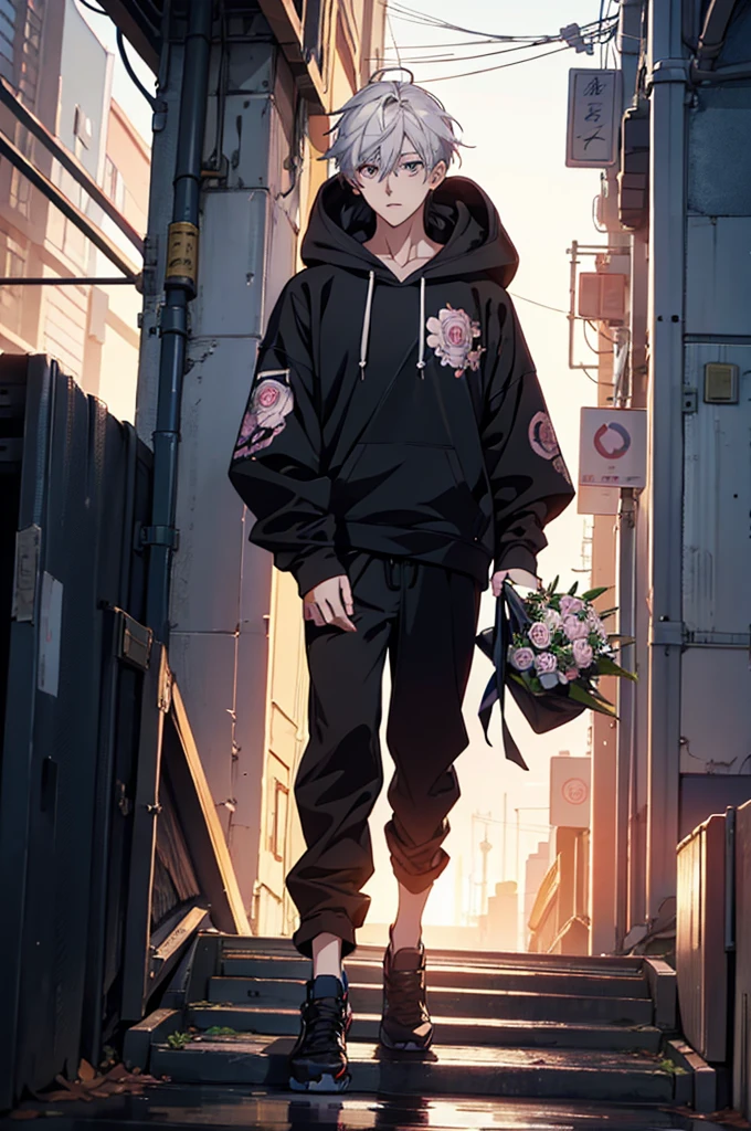 Young man with a bouquet, From the waist up, Overlooking, with index finger, wise ( Valuing ), zerochan, by Kamagurka, wataru kajika, anime character, the truth of the matter, 2 d anime style, detailed anime character art, anime moe artstyle, cyberpunk anime girl in hoodie, anime style character