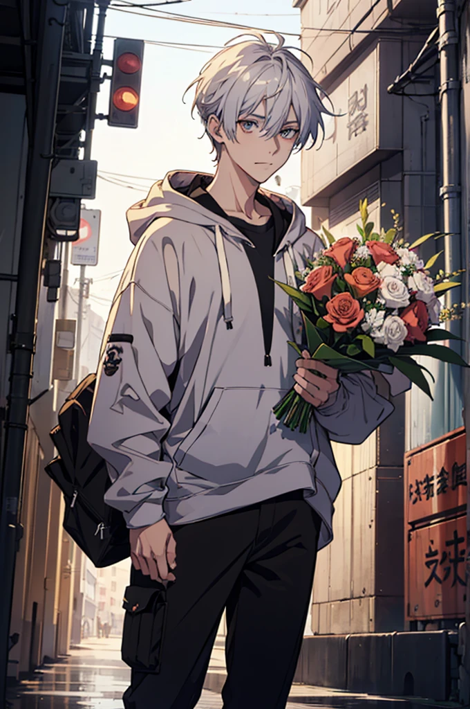 Young man with a bouquet, From the waist up, Overlooking, with index finger, wise ( Valuing ), zerochan, by Kamagurka, wataru kajika, anime character, the truth of the matter, 2 d anime style, detailed anime character art, anime moe artstyle, cyberpunk anime girl in hoodie, anime style character