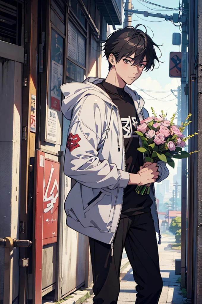 Young man with a bouquet, From the waist up, Overlooking, with index finger, wise ( Valuing ), zerochan, by Kamagurka, wataru kajika, anime character, the truth of the matter, 2 d anime style, detailed anime character art, anime moe artstyle, cyberpunk anime girl in hoodie, anime style character