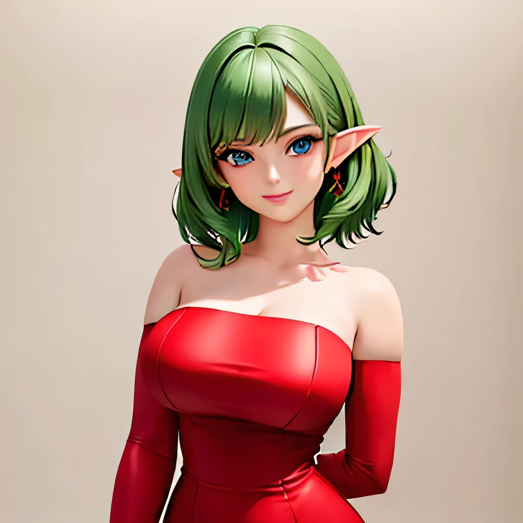  ((masterpiece,best quality,ultra-delicate,Perfect Face,16k,high resolution,very beautiful girl)),spread both arms,Medium short green hair:1.2, Red strapless bodycon tube dress ,Red long arm sleeves,red high heels,Elf Girl,large Breasts,blue eyes,Beautiful smile,20 years old,