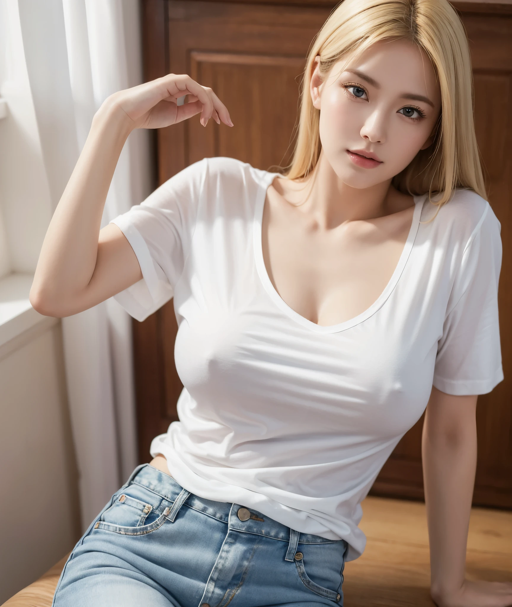 Masterpiece, best quality, high resolution, 4k uhd quality, 1women, mature, white t-shirt, blonde, big chest, jeans,