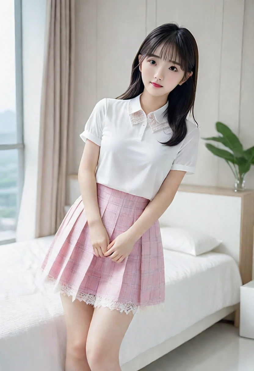 (Highest quality:1.9)、(High resolution)、Live-action image quality、((19 year old female university student、1 person))、Soft lighting by a professional photographer、Natural light、((Very spacious white luxurious room:1.6))、((Bright white room:1.6))、(Standing in front of a very luxurious white bed:1.2)、(White bookshelf background:1.1)、Natural soft light、((Black Hair Color:1.1))、Fair skin、Detailed Eyes、double eyelid、Slightly puffy cheeks、((Small Face:1.0))、((Pink lace short sleeve shirt、Checked mini skirt、Please wear it with the chest open.:1.7))、(smile)、((Girly pose 1.8))、((short hair:1.1))、((Full Body Shot:1.2))、((Height: 145cm))、Hands in front、Hold hands between legs、bangs、