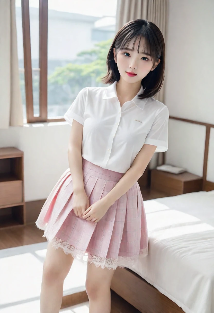 (Highest quality:1.9)、(High resolution)、Live-action image quality、((19 year old female university student、1 person))、Soft lighting by a professional photographer、Natural light、((Very spacious white luxurious room:1.6))、((Bright white room:1.6))、(Standing in front of a very luxurious white bed:1.2)、(White bookshelf background:1.1)、Natural soft light、((Black Hair Color:1.1))、Fair skin、Detailed Eyes、double eyelid、Slightly puffy cheeks、((Small Face:1.0))、((Pink lace short sleeve shirt、Checked mini skirt、Please wear it with the chest open.:1.7))、(smile)、((Girly pose 1.8))、((short hair:1.1))、((Full Body Shot:1.2))、((Height: 145cm))、Hands in front、Hold hands between legs、bangs、