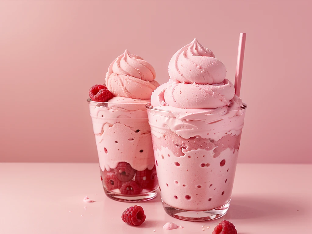 fresh raspberry style ice cream，pink background，in glass cup，some raspberrys on the ice cream