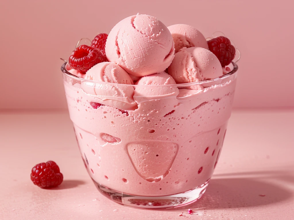 fresh raspberry style ice cream，pink background，in glass cup，some raspberrys on the ice cream