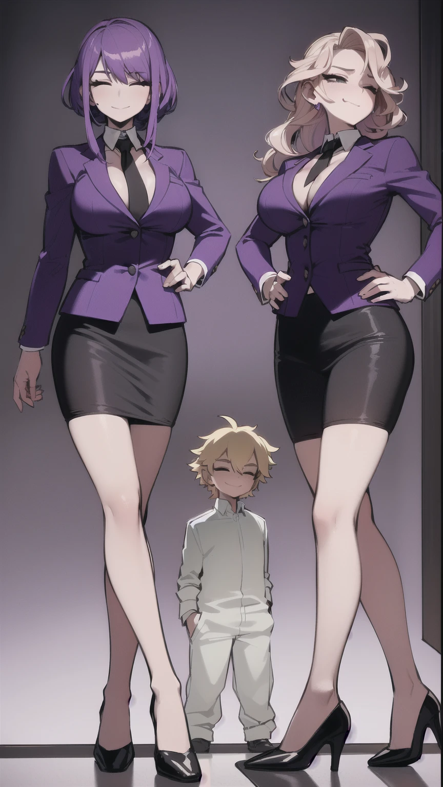 two sexy women looking down at 4 years old boy with blonde hair, seductive smiles, portrait, various hair, women have purple hair, closed eyes and opened mouths