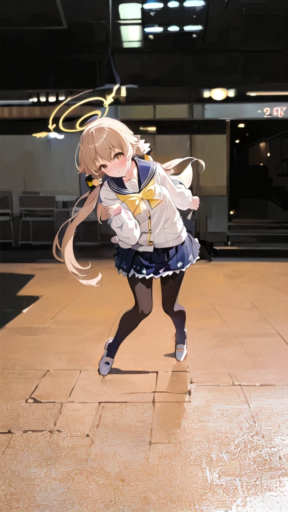 ((masterpiece,best quality)), (illustration), solo, hifumi (blue archive), halo, black pantyhose, long hair, school uniform, yellow eyes, low twintails, sailor collar, pleated blue skirt, white cardigan, long sleeves, light brown hair, blush, frilled skirt