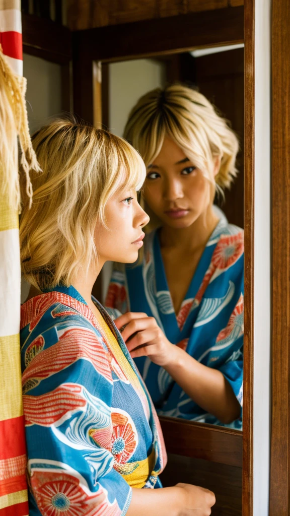 Emily, adjusting her yukata in front of a mirror with a thoughtful expression. Her sun-kissed skin and natural waves in her blonde hair enhance her vibrant appearance. She is dressed in a colorful yukata with a beautiful obi.