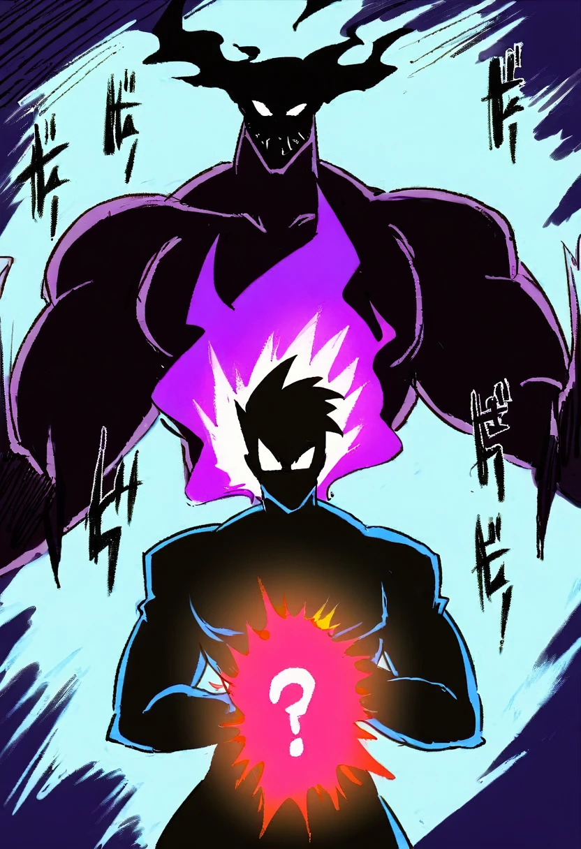 Anime character dynamic and vibrant 2D anime illustration of two characters. The first character is a tall muscular male antagonist character wearing a full black turtleneck body suit with a unique symbol on it. He is accompanied by the second character who is a mysterious character floating above him consuming the antagonist with his evil aura.