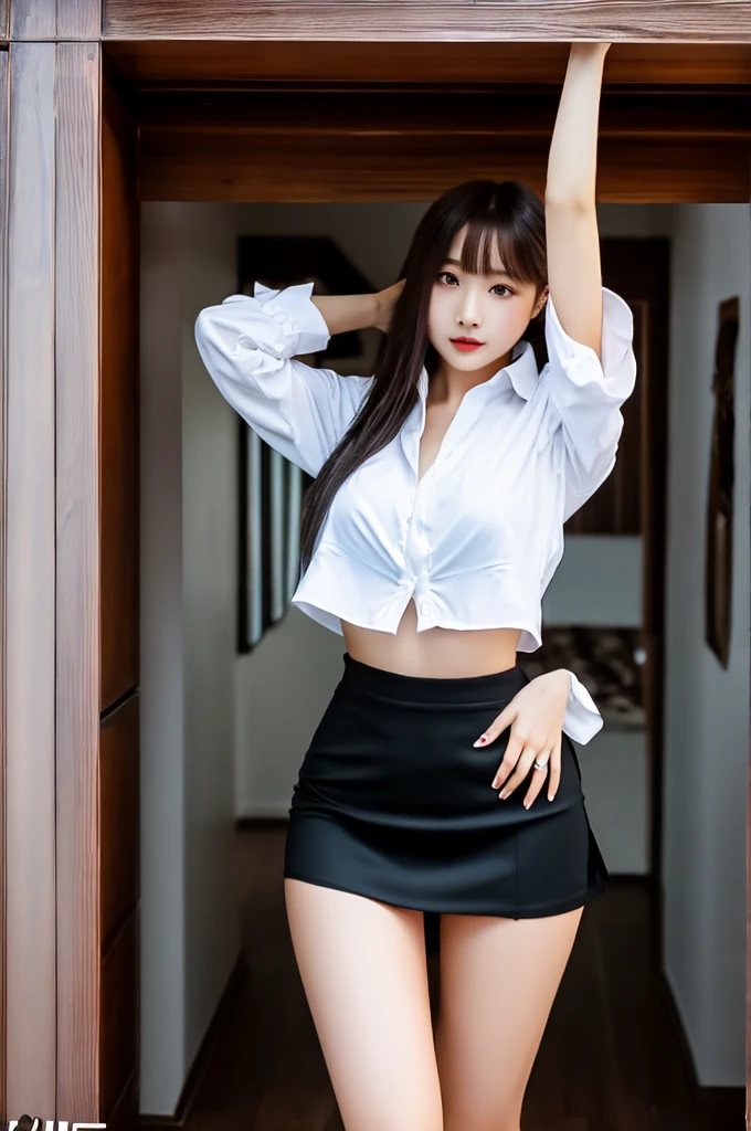 A beautiful girl in a tight-fitting student uniform with large breasts, wearing a tight, high-cut short skirt, standing with her legs raised.