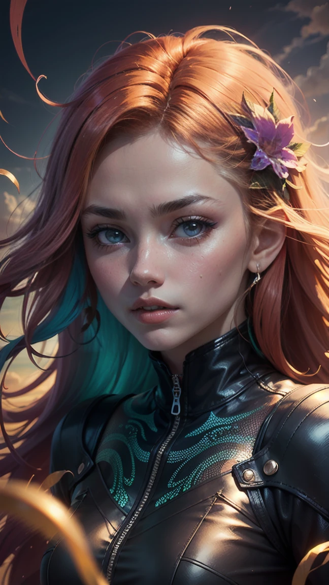 A beautiful princess, glass face, ultra detailed face, perfect half body, surreal art, psychedelic art, flower in hair, holographic glow, concept art, green eyes and red hair, motion effects, psychedelic motion effects, golden hour clouds colorful, reflection in the hair, triadic colors. high quality, UHD.