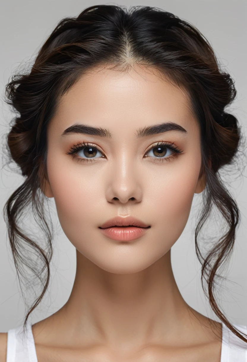 Create an image of the perfect female face according to scientific standards. The face should have symmetrical features, clear skin, and proportions where the distance between the eyes and mouth is 36% of the face length, and the distance between the eyes is 46% of the face width. The background should reflect a universal beauty standard, appreciated across different cultures and time periods. Add beautiful hair to this image. Full head of hair visible, portrait shot.