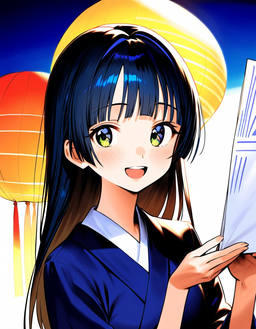 (8K, best quality, master piece: 1.2), super high resolution,1 girl,solo,16yo,ultra-detailed face,detailed eyes,red eyes,black hair,blunt bangs,Straight hair,Long hair,light smile, open mouth,Hanfu,The girl holding a wish paper with the number "777" written on it,Tanabata Festival, Milky Way, night view, rim light,large tall bamboos and colorful hanging decoration