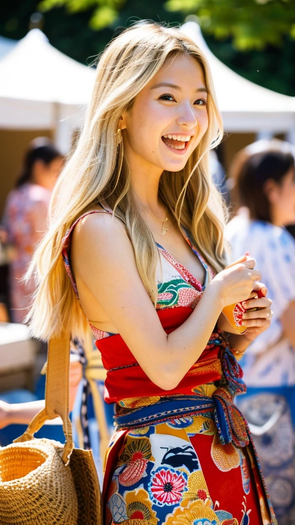  Emily, enjoying a traditional Japanese festival snack, her expression one of appreciation and joy. Her long, blonde hair and sun-kissed skin glow in the warm festival light. She is dressed in a stylish yukata suitable for the summer season.