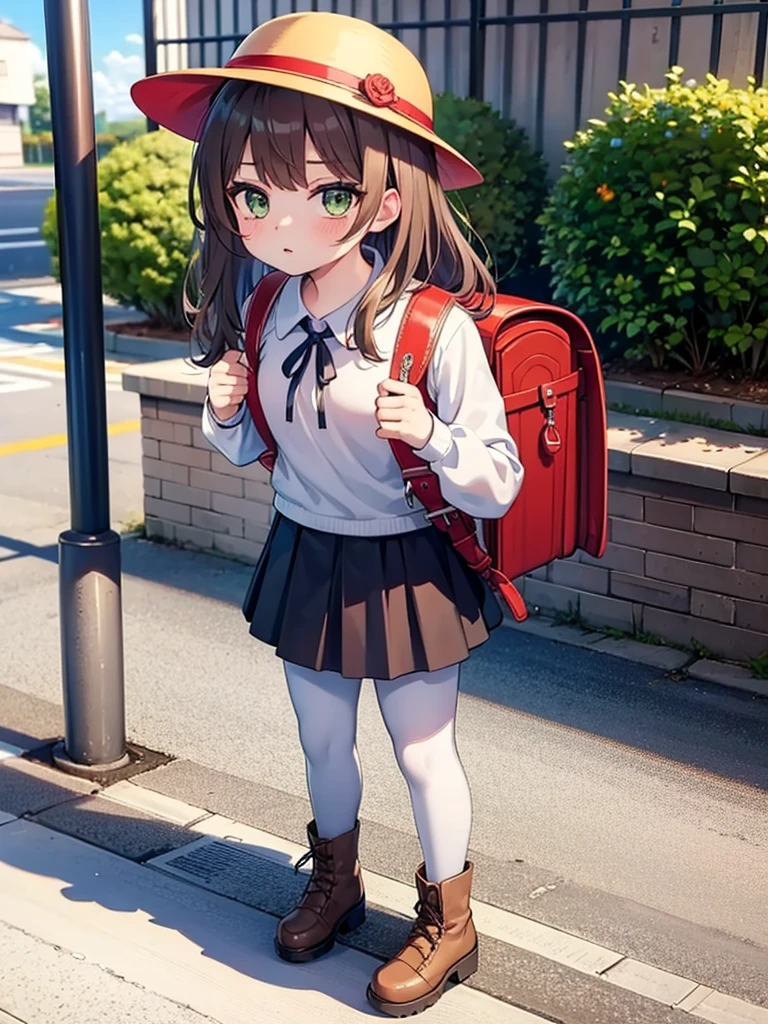 Highest quality,  detailed, High resolution,  Perfect Face, Long wavy brown hair, Standing outdoors, 10 year old girl,  She wears a long skirt, Wearing white pantyhose, She wears boots, Green Eyes, She is carrying a red backpack, Sharp focus, whole body, Wearing a white hat