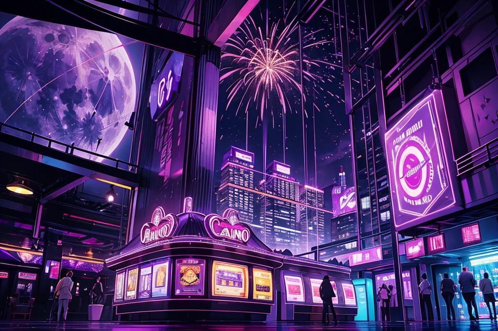 purple casino, night, downtown, HDR, 4k resolution, purple moon, firework, modern architecture, slot machine, indoor