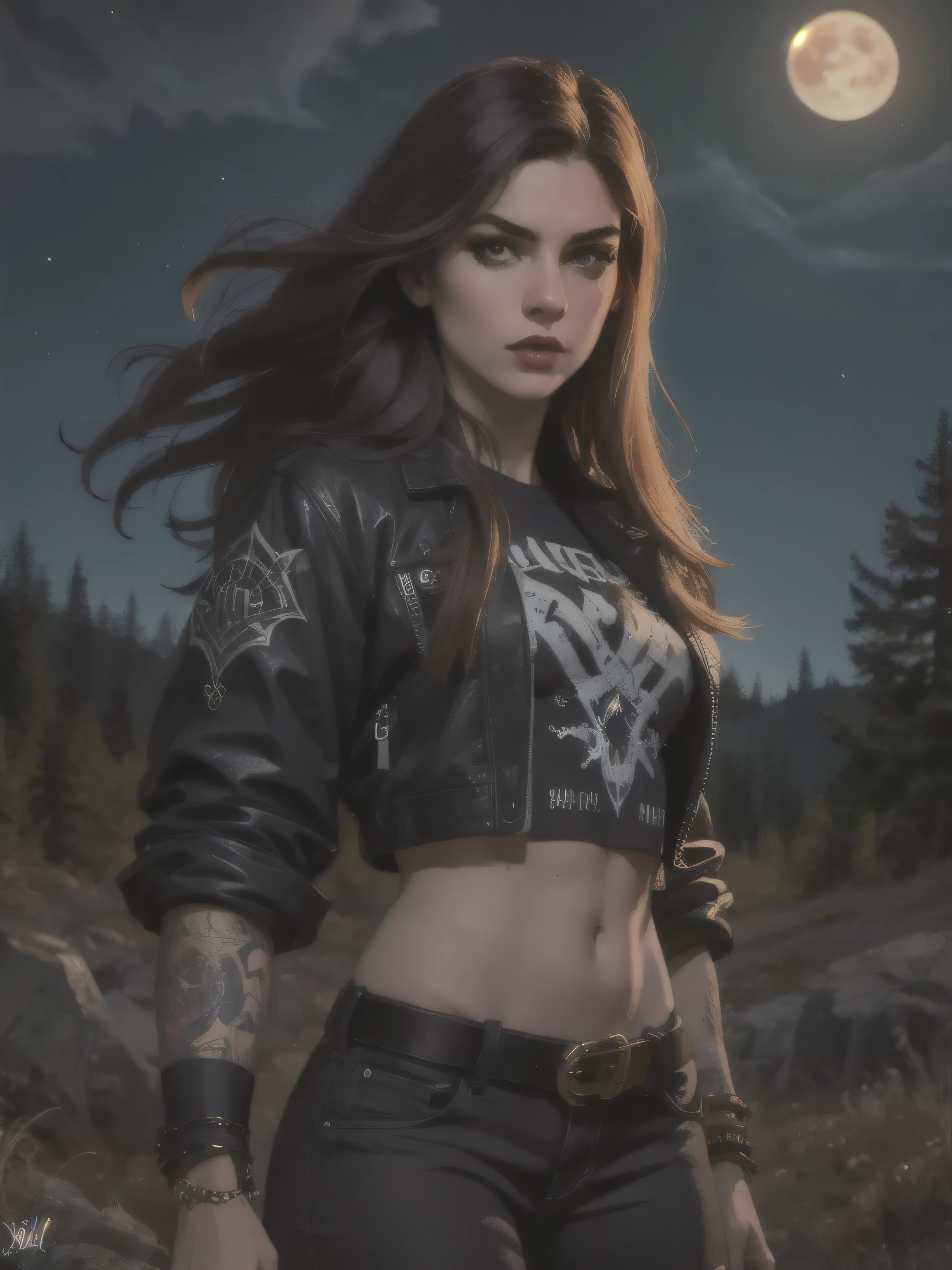 best qualityer,work of art,ultra high resolution,(Realisticity:1.4),OriginalPhoto,cinematic lighting, 1 girl, standing alone, Metalhead style girl at night under the moonlight, wearing ripped black pants, black clothing, warm body fit, heavy metal style, fot, concerto de heavy metal. realisitic, datailed, face detailed, 4K.