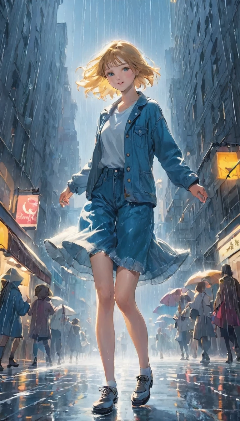 Highest quality、masterpiece:1.3、dancer、カッコいいdancer、Dancing Girl:1.7、(((一人の女の子が雨の中でInnocenceに笑いながら一回転をしている、Dancing in the rain:1.37)))、alone、Girls spinning in the heart of downtown、Innocence、Wet girl、Clothes that are wet、Casual clothing、Denim pants、New York Times、無人のNew York Times、