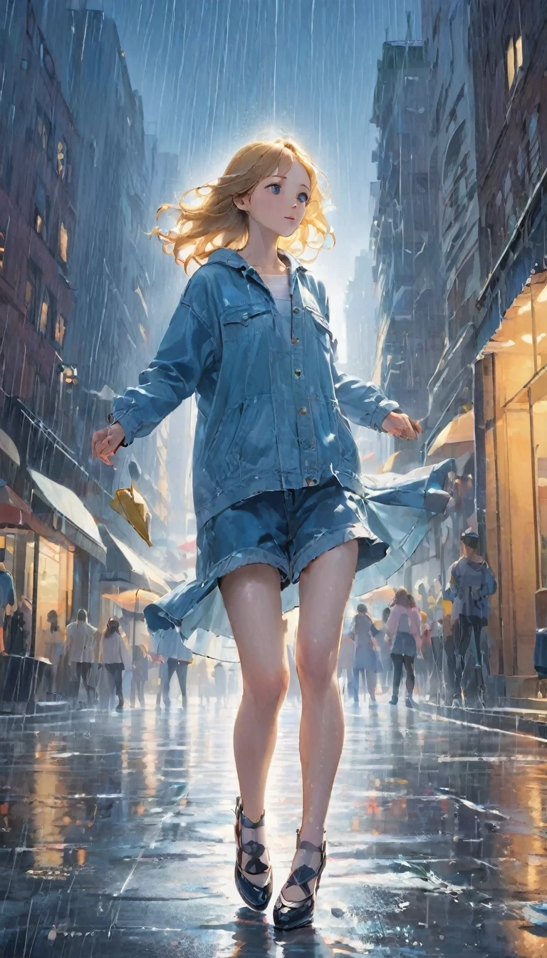 Highest quality、masterpiece:1.3、dancer、カッコいいdancer、Dancing Girl:1.7、(((一人の女の子が雨の中でInnocenceに笑いながら一回転をしている、Dancing in the rain:1.37)))、alone、Girls spinning in the heart of downtown、Innocence、Wet girl、Clothes that are wet、Casual clothing、Denim pants、New York Times、無人のNew York Times、