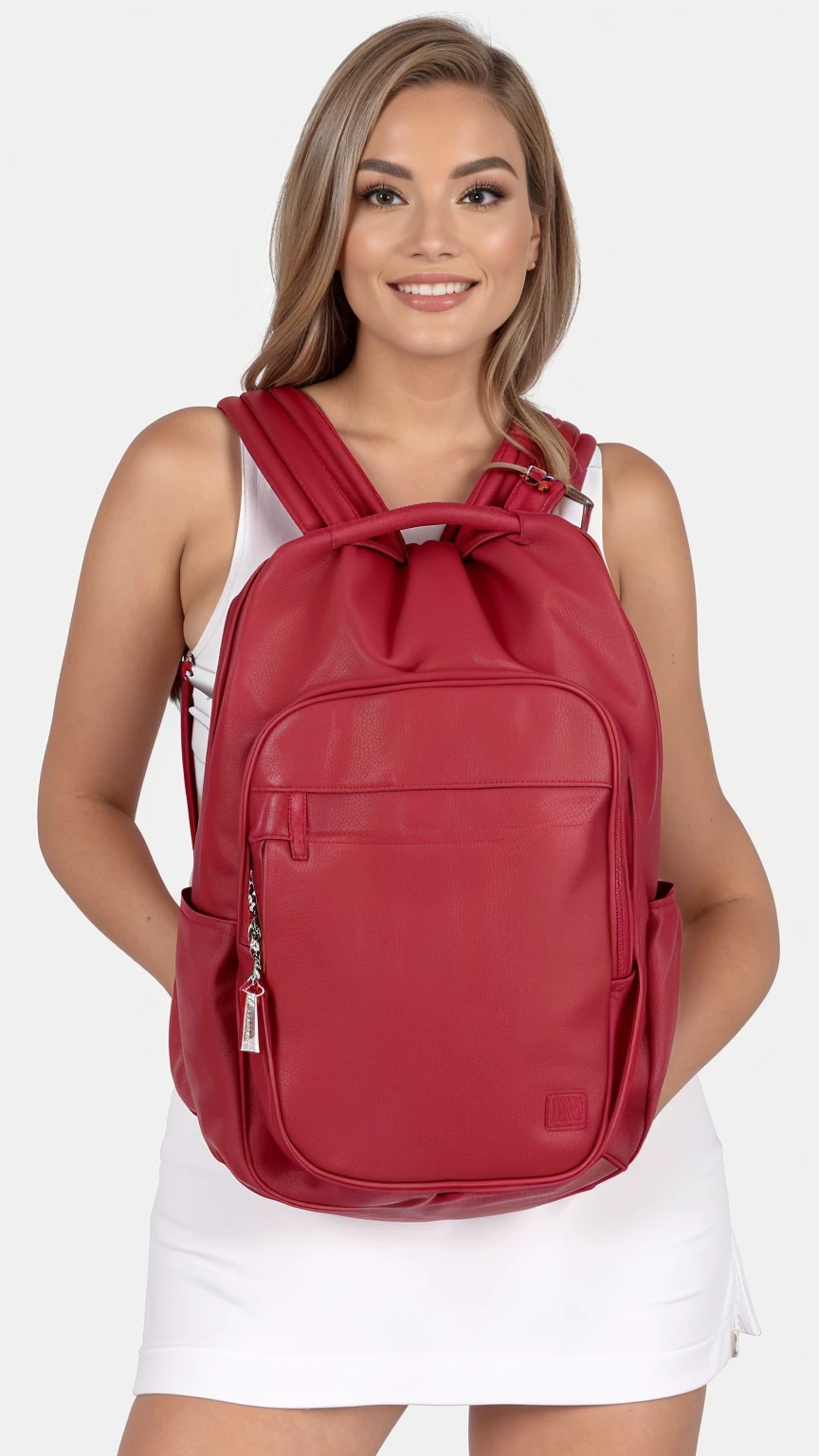 a woman wearing a vermelho Mochila with a zipper on the front, Mochila, bolsas, with a Mochila, only vermelho colour, e621, com dois bolsos frontais, o saco da escola, wearing strawberry Mochila, vermelho, maroon vermelho, vermelho and grey only, square Mochila, moda antiga, the man have a Mochila, # 0 1 7 9 6 f, roupa de couro