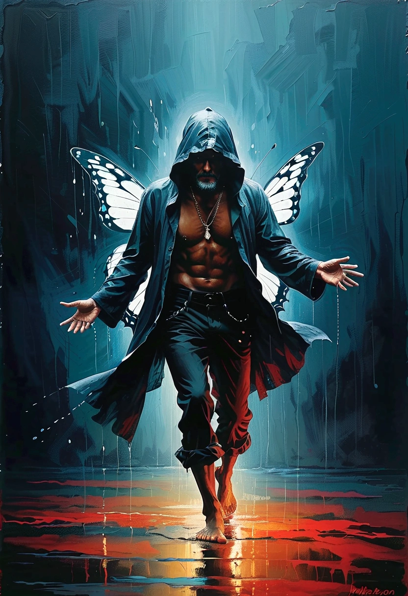 Soul Dancer Mark,heavy rain，A homeless man dancing alone in the rain，soul，Barefoot，Loose and worn clothes，Professional ballet movements，Fingertips 1 butterfly，Very contagious，Splash，Light and Shadow，Minimalism，artistic conception，Iron chain background