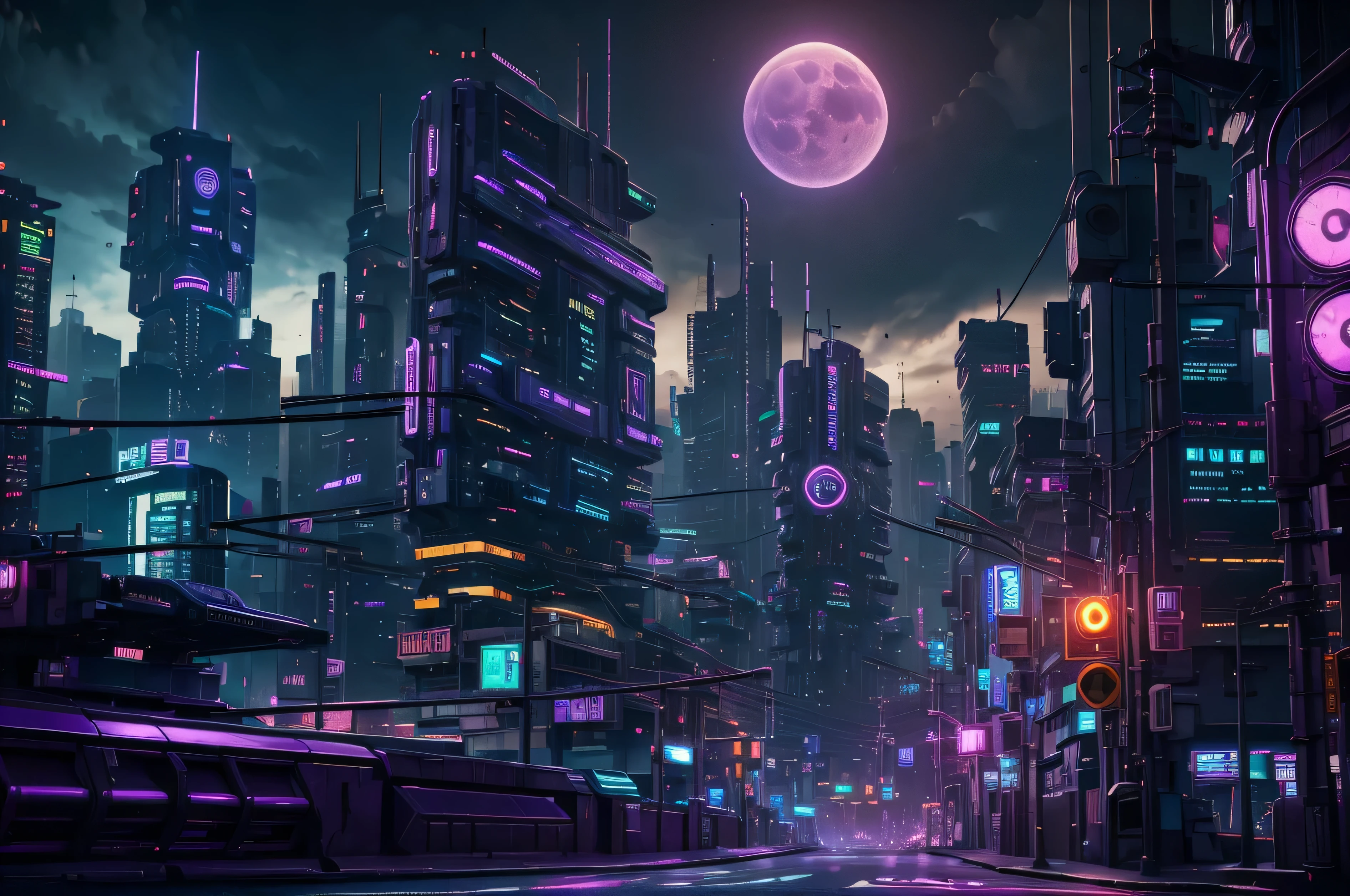 cyberpunk city, neon light, ight, HDR, futuristic building, purple light, purple moon, purple theme, traffic light, 4k resolution, landscape, depth of field