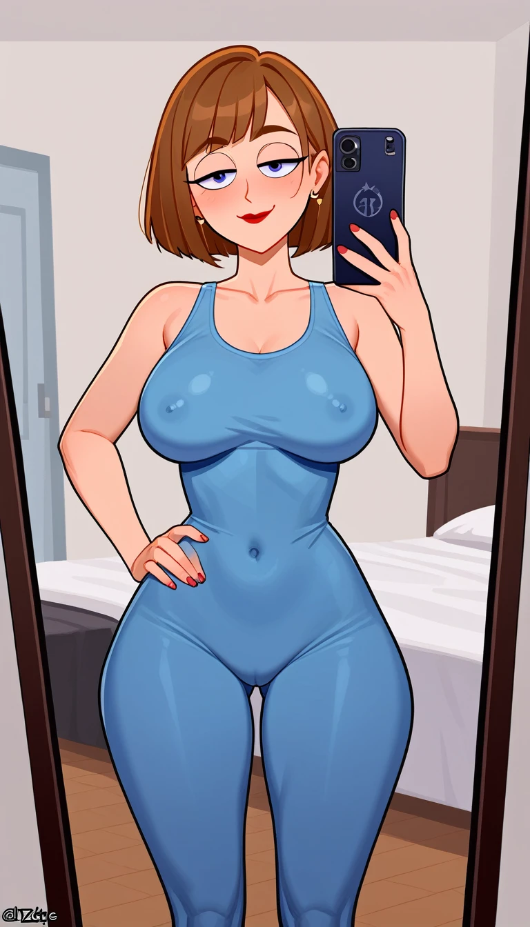 NSFW maddie fenton, official artwork, Best quality, sending a sultry mirror selfie, solo mature woman, blue bodysuit, curvy physique, incest, solo woman, 1woman, 1 person, wants to be your girlfriend even though she is your mother, a guilty passion, twisted dark sexual feelings, sultry look on her face, sexy provocative face