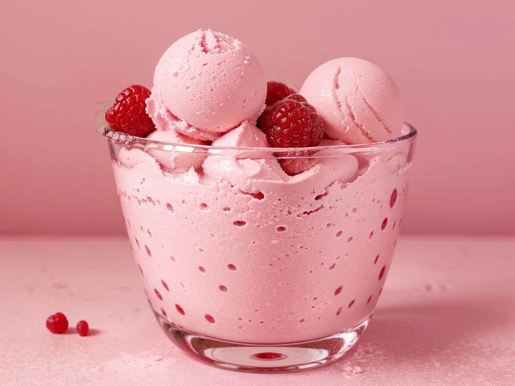 fresh raspberry style ice cream，pink background，in glass cup，some raspberrys on the ice cream
